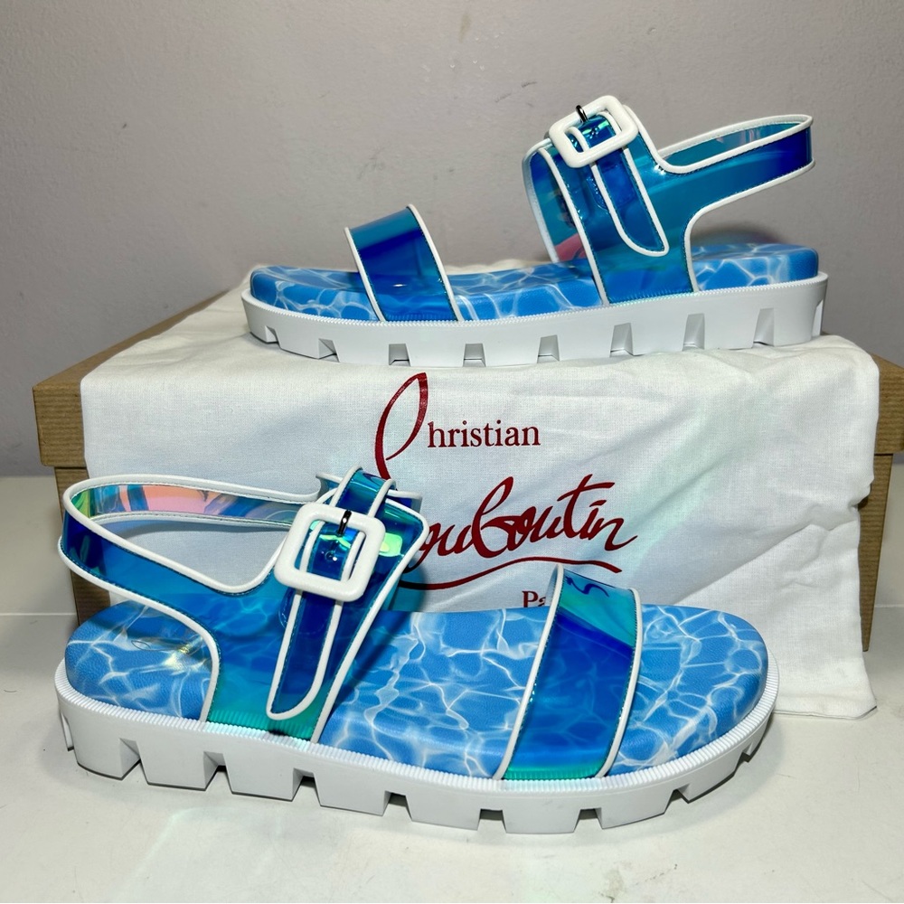 NEW CHRISTIAN LOUBOUTIN DUNISS COOL SANDALS IRIDESCENT BLUE/WHITE LUG SOLE SZ 37 - Picture 9 of 16